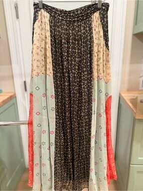 Boho Maxi Skirt with Multi-Panel Floral Print - Black, Cream & Coral